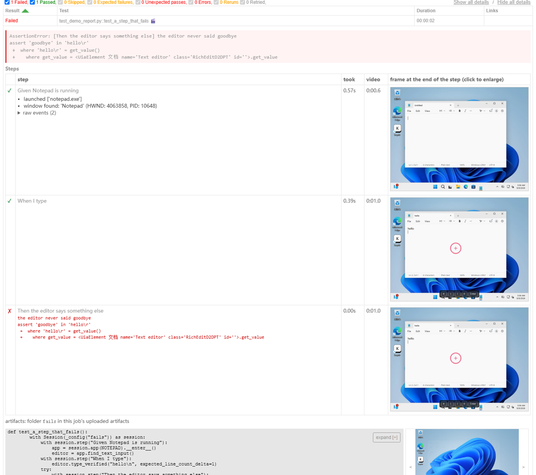 A failed test's row: last screenshot, error, then the steps with a frame each